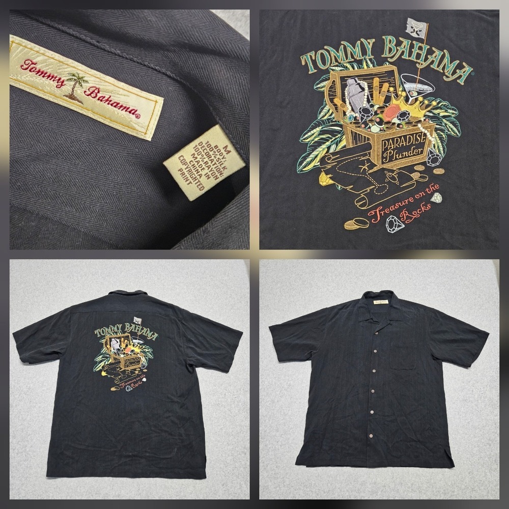 Tommy Bahama Mens Medium Black Silk Shirt  Paradise Plunder Hawaiian